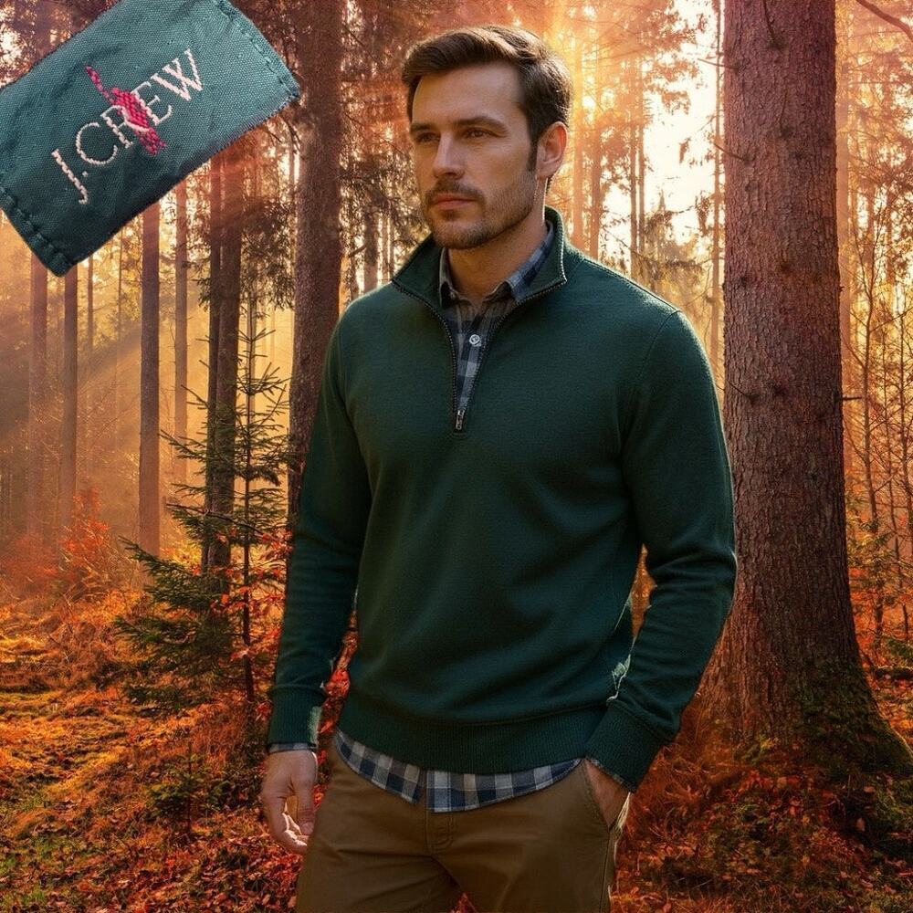 J Crew OARSMAN Green 1/4 Zip MT Old Money Sport GORPCORE  Prep DarkAcademia